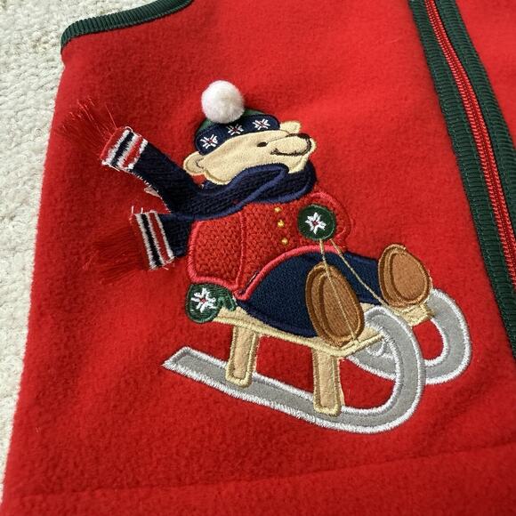 Red Christmas Bear Sledding Fleece Vest Boys 24M Applique Cardinal Tree Holiday - Picture 2 of 9